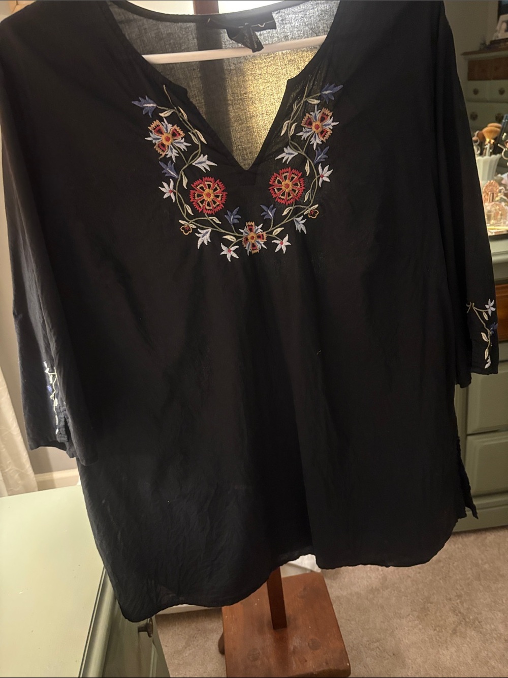 Venezia Black V-Neck Tunic with Multicolor Floral Embroidery
